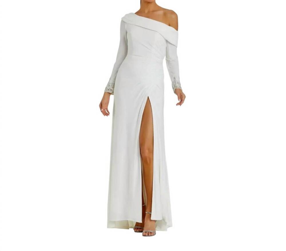 NEW MAC DUGGAL women's off-shoulder jeweled cuff gown in white